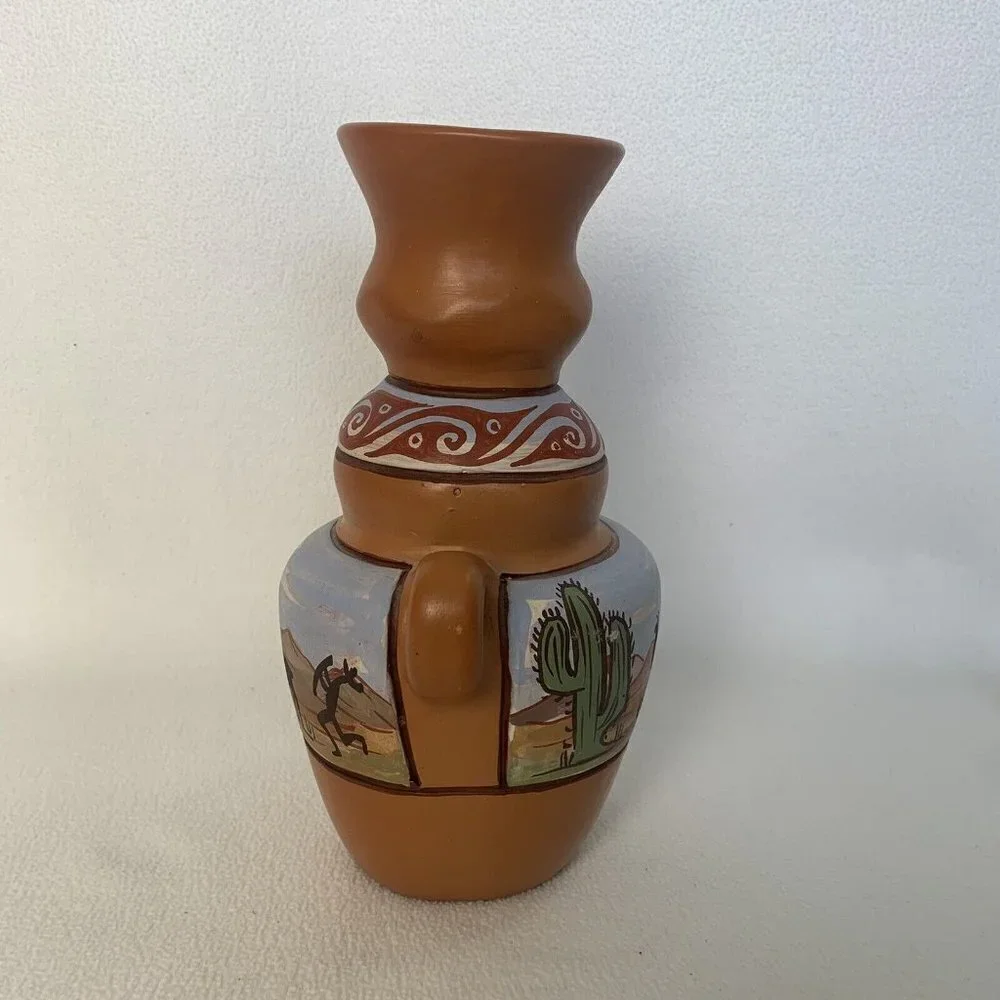 Clay Vase Desert Scene 11” by 8” Pottery Double Handle Cactus Llamas Southwest